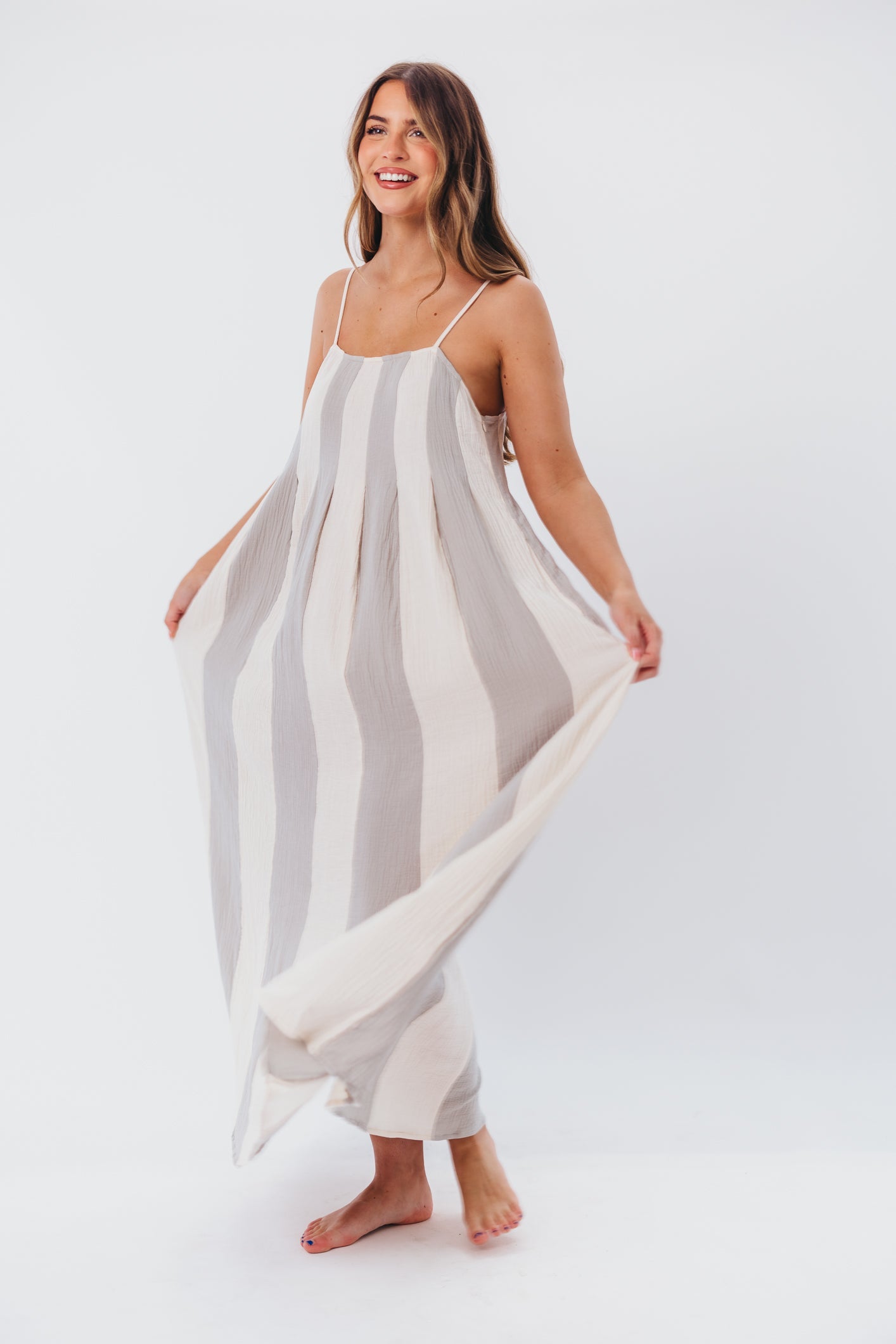 Tristan Spaghetti Strap Maxi Dress in Cream/Blue Stripe