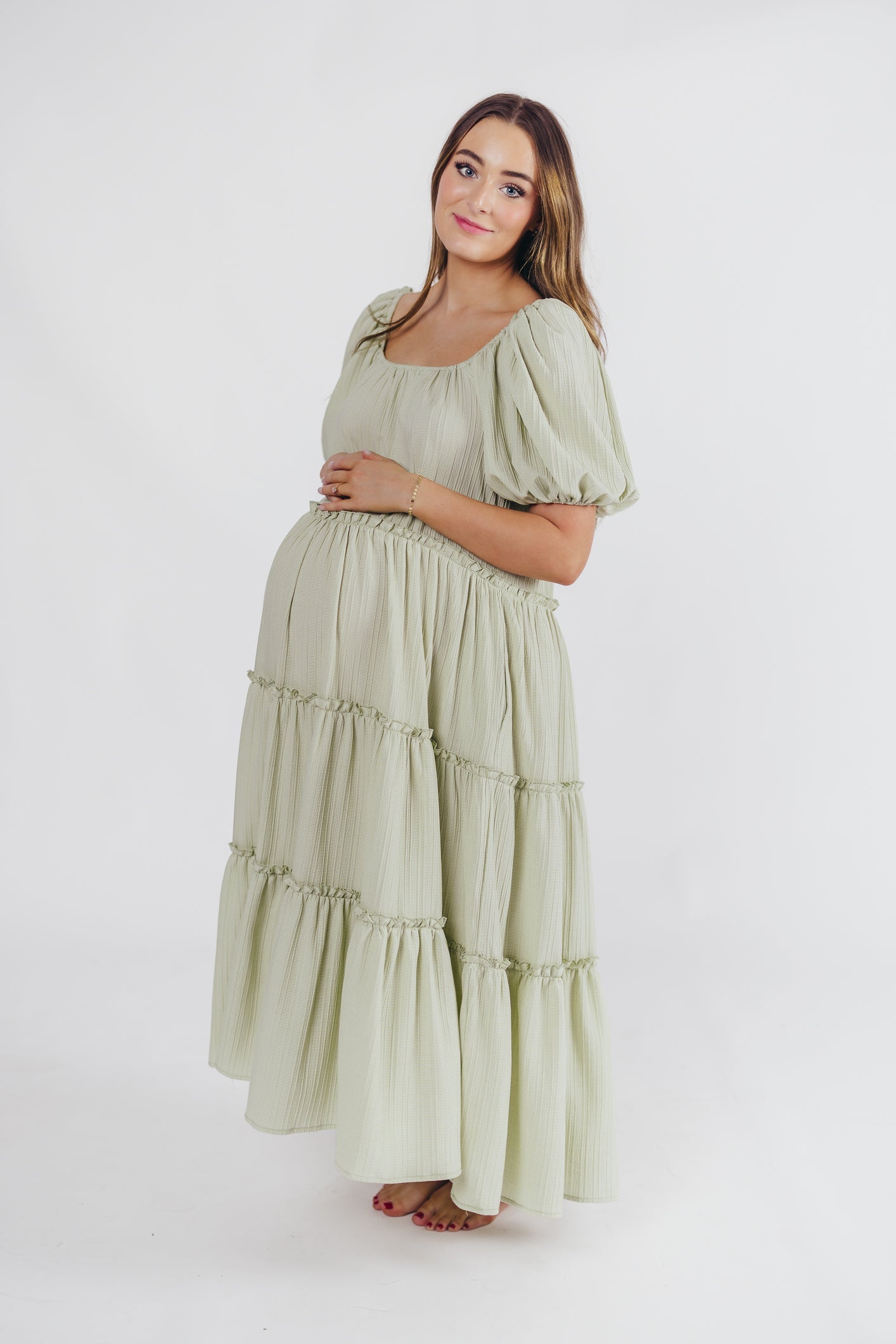 Eva Puffed Sleeve Maxi Dress in Sage - Bump Friendly (S-3XL)