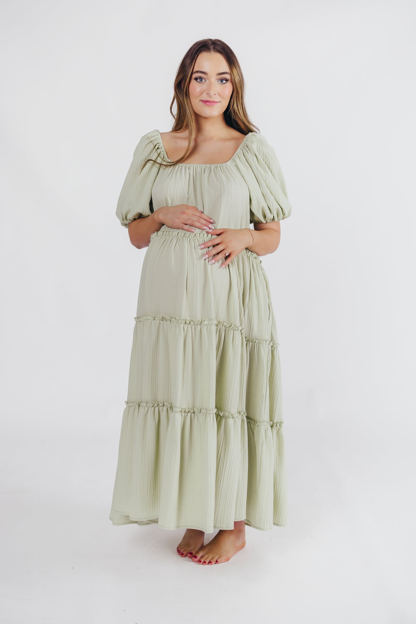 Eva Puffed Sleeve Maxi Dress in Sage - Bump Friendly (S-3XL)