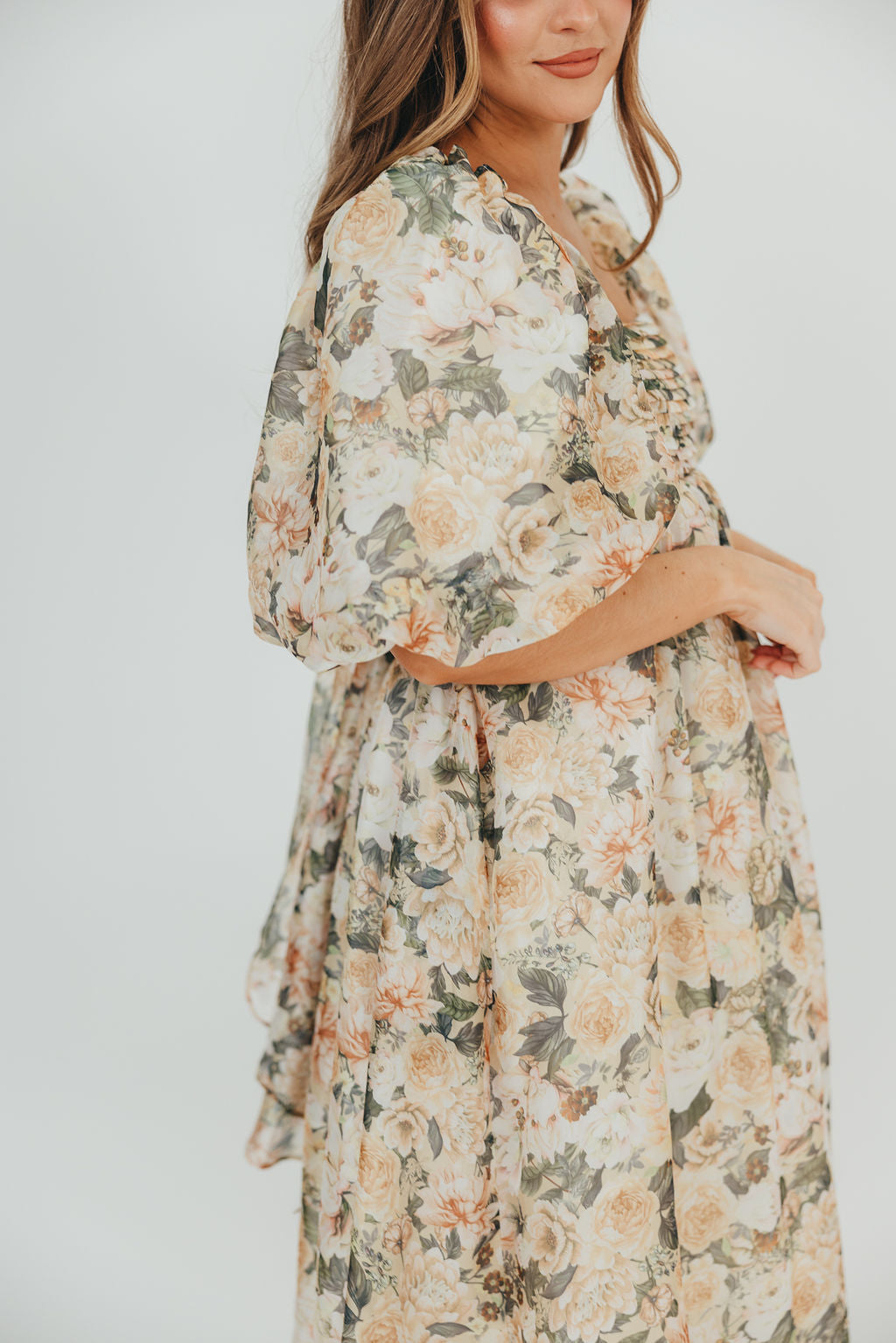 Melody Maxi Dress with Pleats and Bow Detail in Champagne Floral - Bump Friendly & Inclusive Sizing (S-3XL)