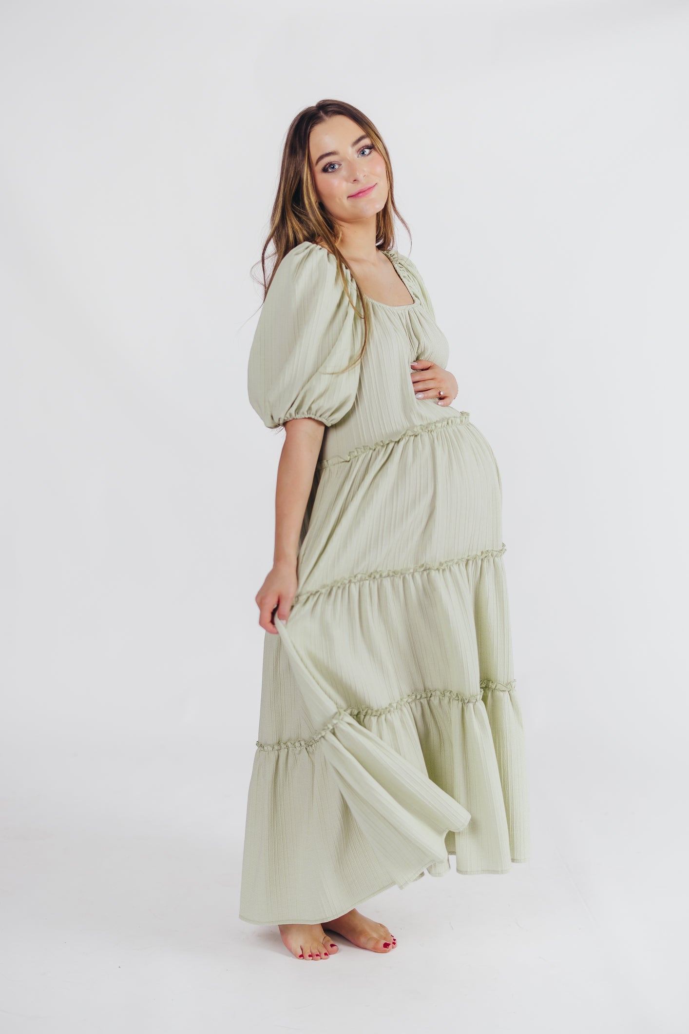 Eva Puffed Sleeve Maxi Dress in Sage - Bump Friendly (S-3XL)