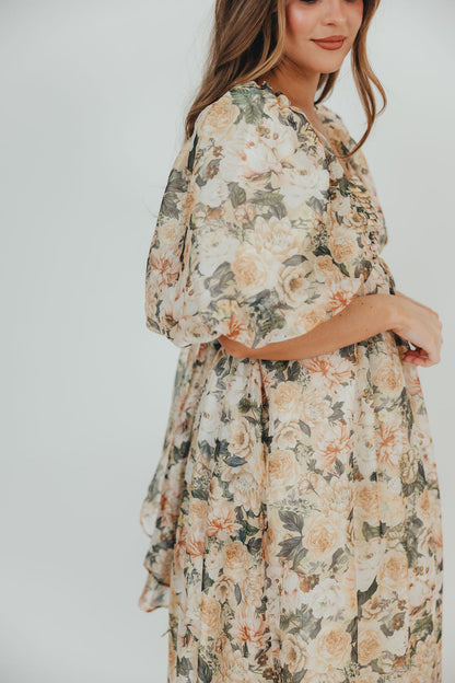 Melody Maxi Dress with Pleats and Bow Detail in Champagne Floral - Bump Friendly & Inclusive Sizing (S-3XL)