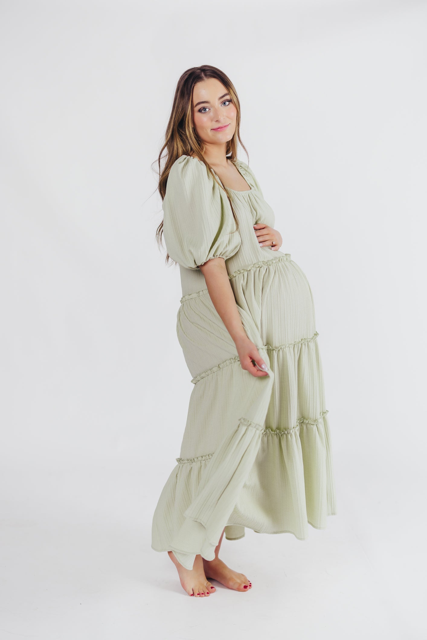 Eva Puffed Sleeve Maxi Dress in Sage - Bump Friendly (S-3XL)