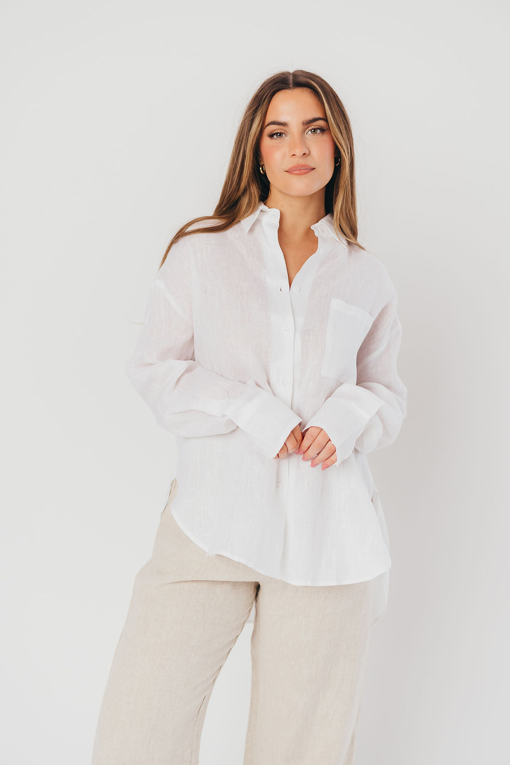 Helen 100% Linen Shirt in White - Nursing Friendly