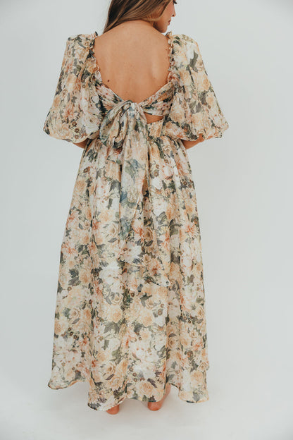 Melody Maxi Dress with Pleats and Bow Detail in Champagne Floral - Bump Friendly & Inclusive Sizing (S-3XL)