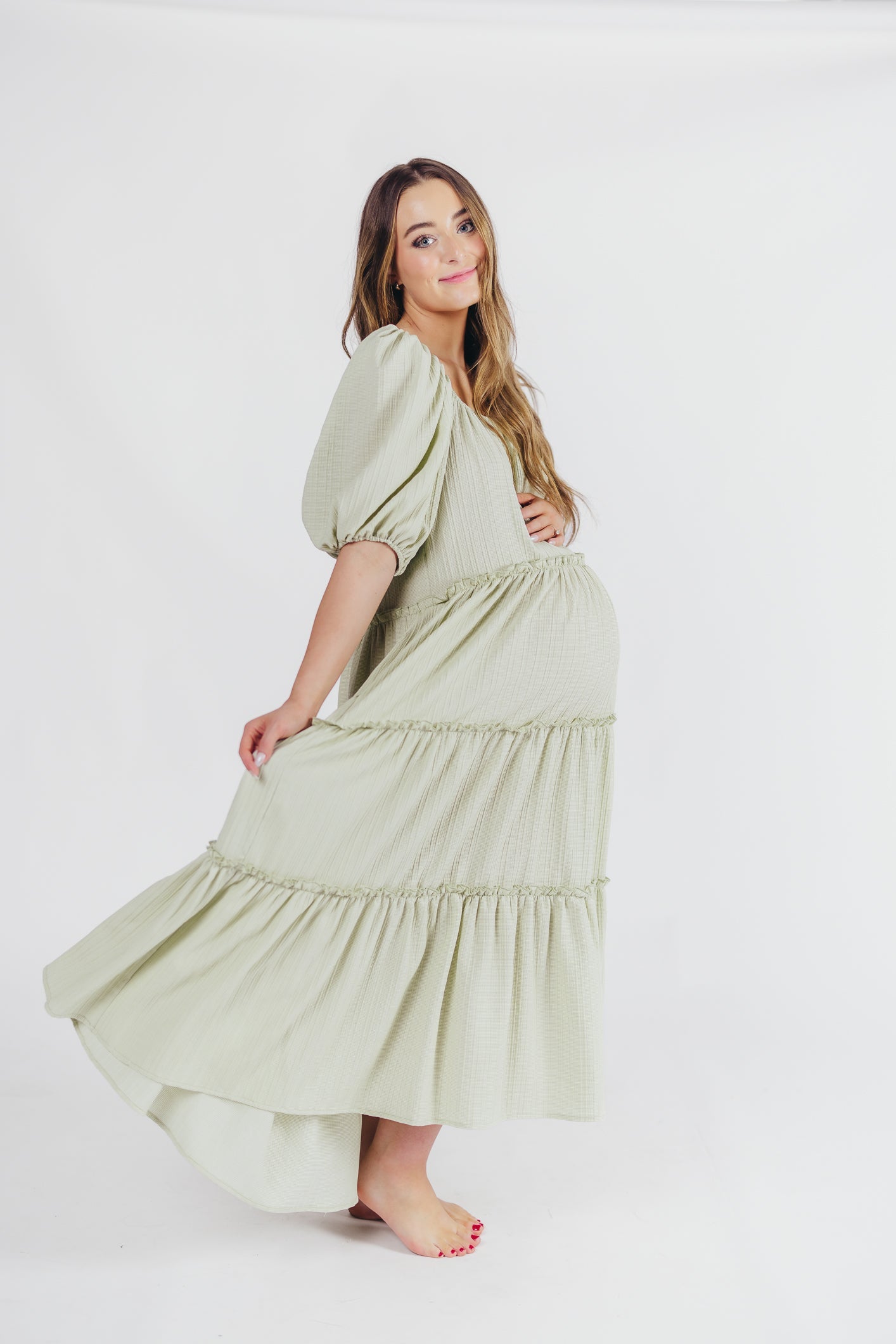 Eva Puffed Sleeve Maxi Dress in Sage - Bump Friendly (S-3XL)