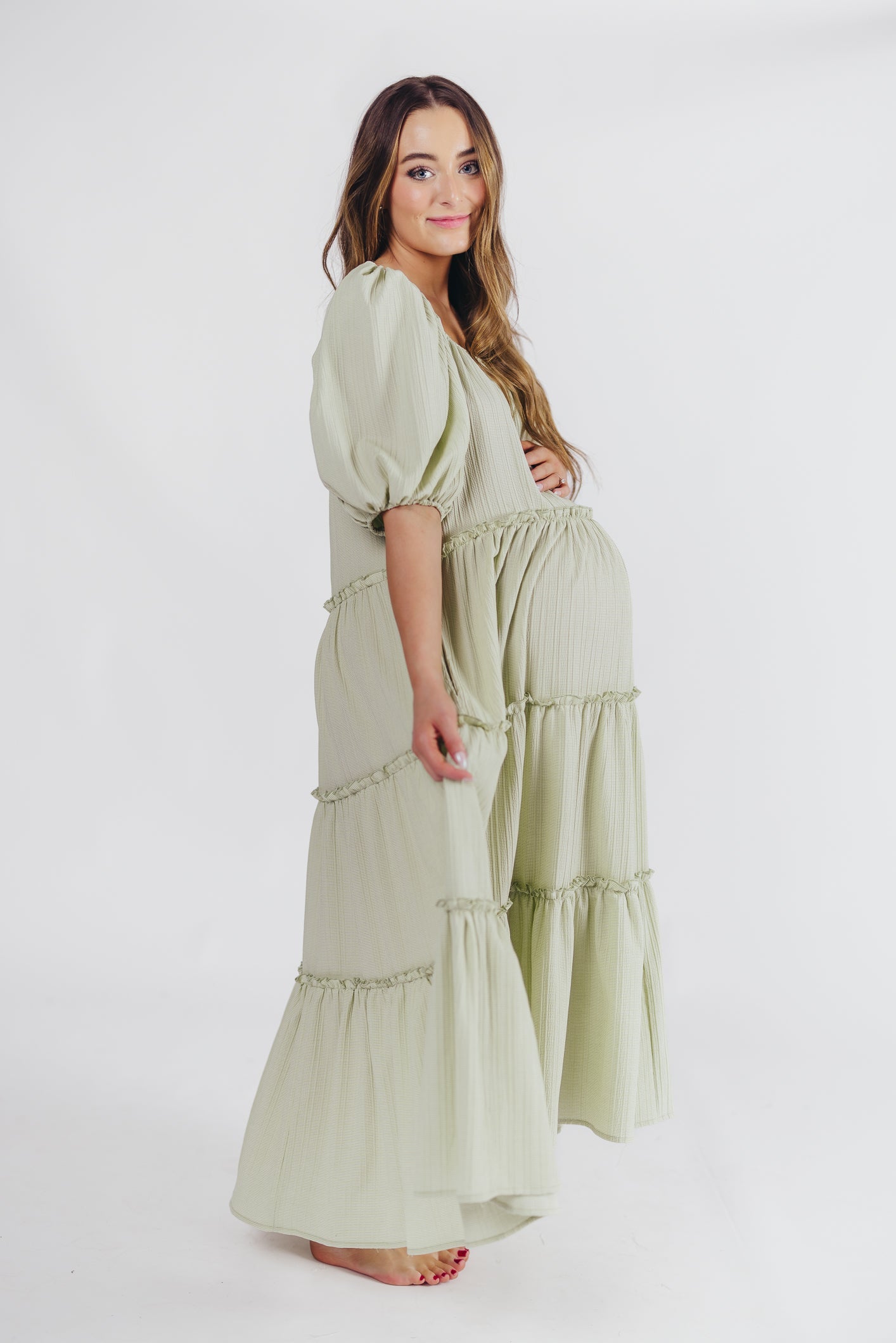 Eva Puffed Sleeve Maxi Dress in Sage - Bump Friendly (S-3XL)