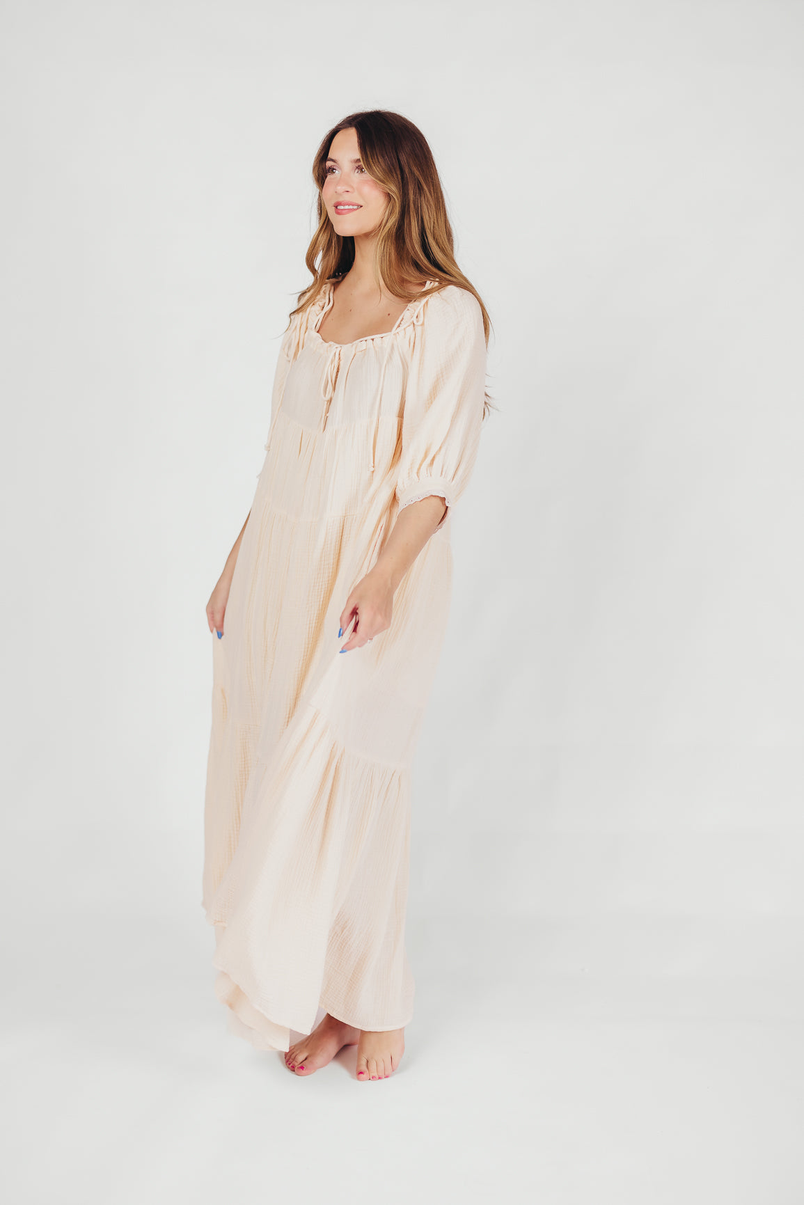 Goddess 100% Cotton Babydoll Maxi Dress in Blush