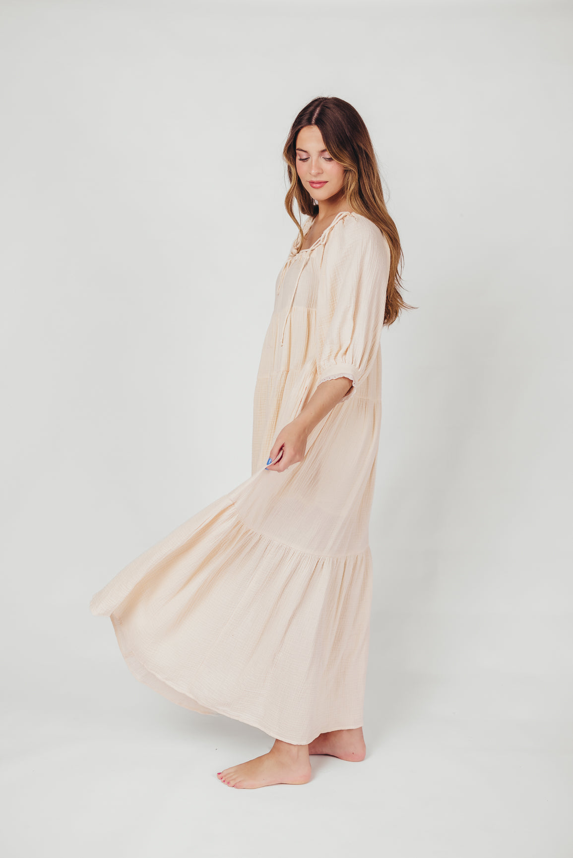 Goddess 100% Cotton Babydoll Maxi Dress in Blush