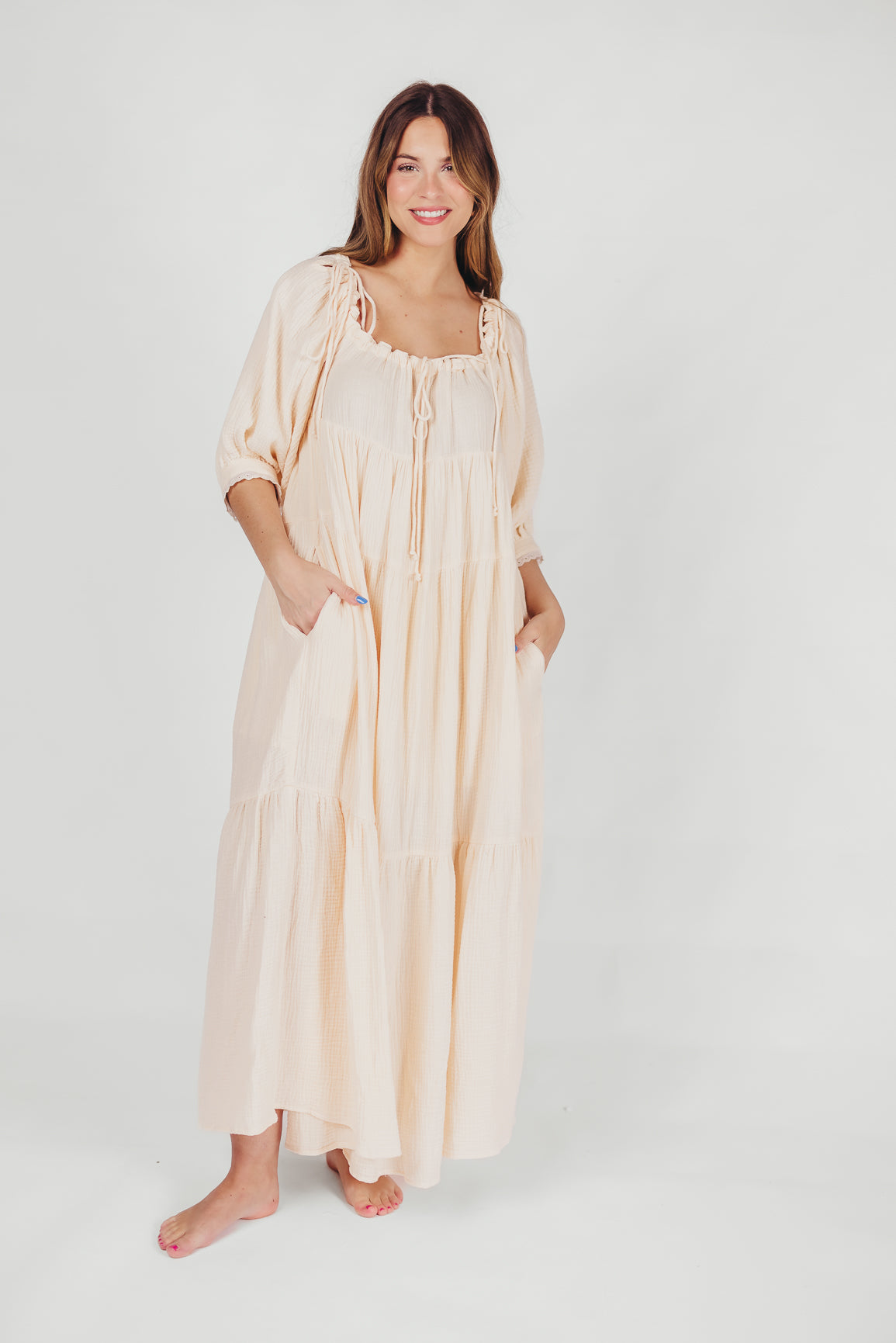 Goddess 100% Cotton Babydoll Maxi Dress in Blush