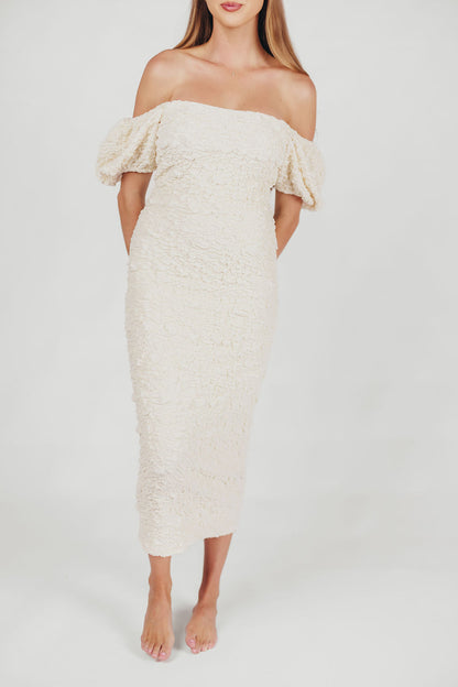 Blakeley Textured Midi Dress in Ivory - Bump Friendly & Inclusive Sizing (S-3XL)