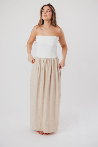 Kaylee Linen and Ribbed Knit Maxi Dress in White/Oatmeal