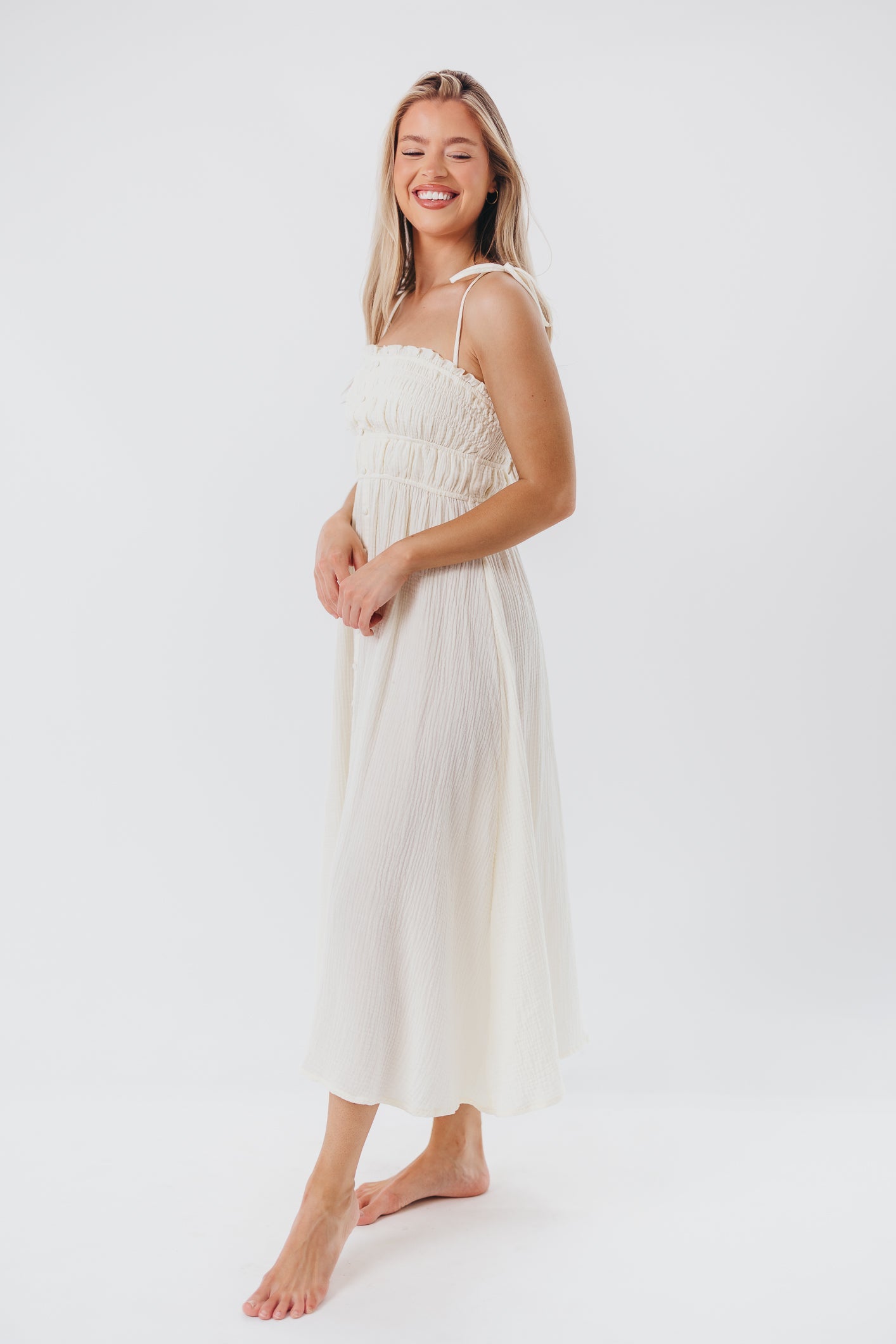 Melanie Button-Down Midi Dress in Cream