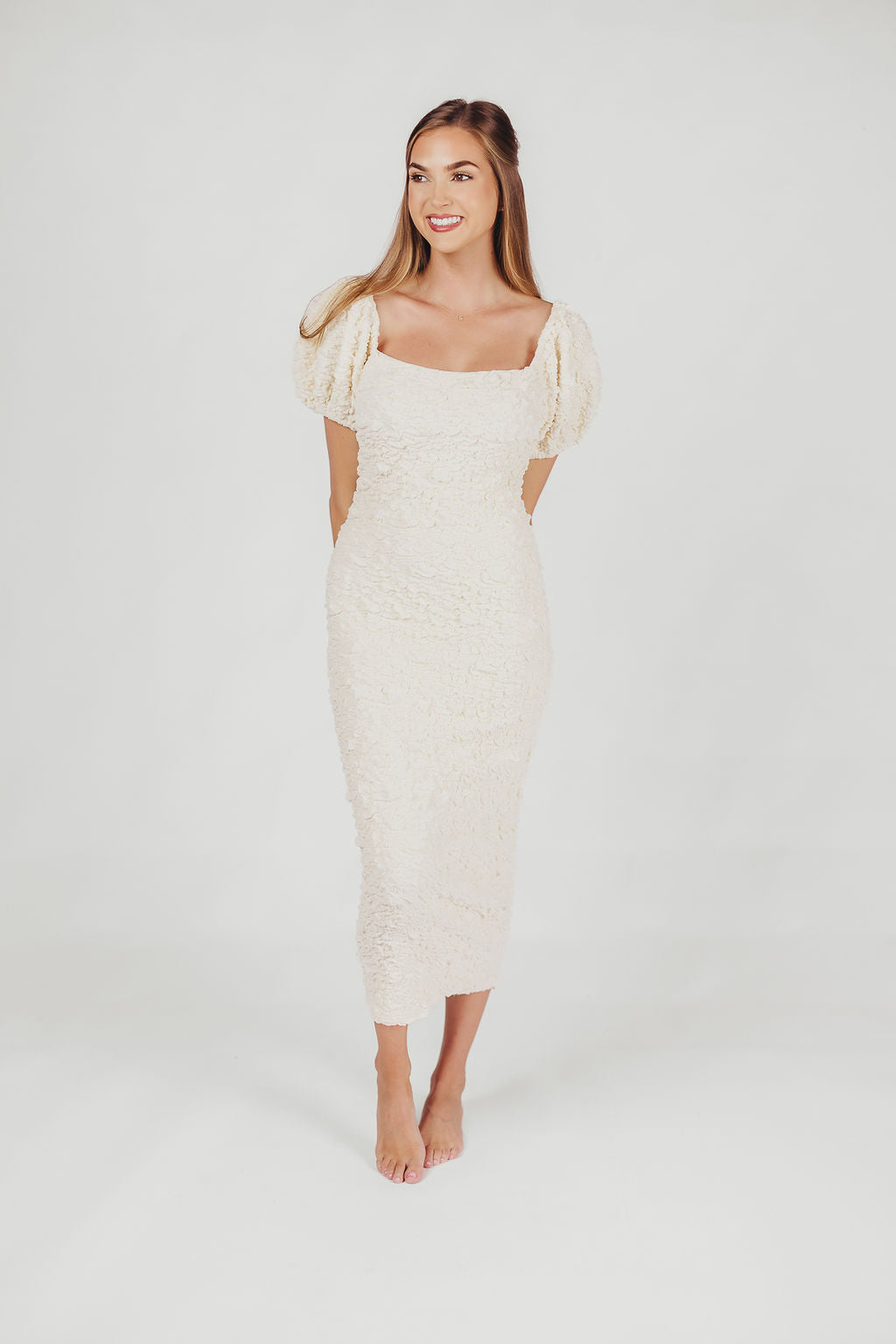 Blakeley Textured Midi Dress in Ivory - Bump Friendly & Inclusive Sizing (S-3XL)