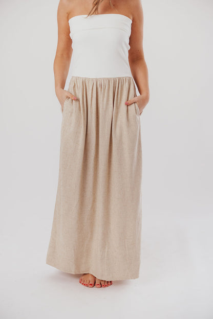 Kaylee Linen and Ribbed Knit Maxi Dress in White/Oatmeal