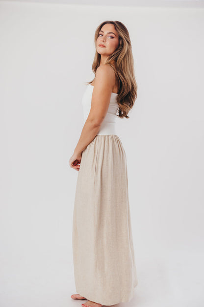 Kaylee Linen and Ribbed Knit Maxi Dress in White/Oatmeal