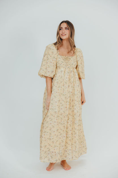 Melody Maxi Dress with Pleats and Bow Detail in Yellow Floral - Bump Friendly & Inclusive Sizing (S-3XL)