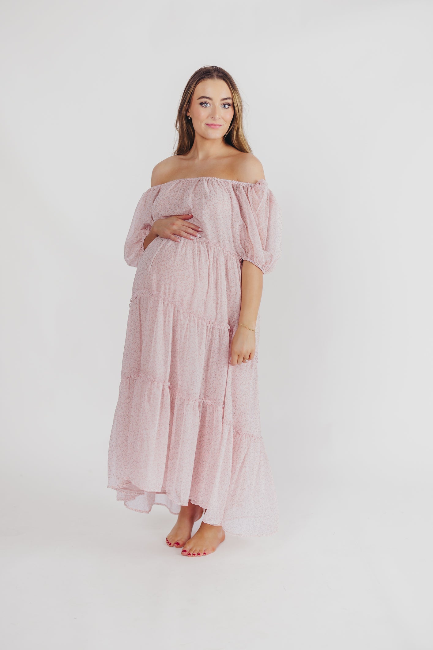 Eva Puffed Sleeve Maxi Dress in Light Pink Multi - Bump Friendly & Inclusive Sizing (S-3XL)