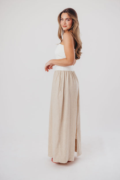 Kaylee Linen and Ribbed Knit Maxi Dress in White/Oatmeal