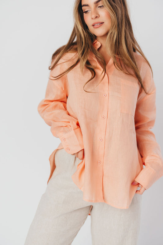 Helen 100% Linen Shirt in Peach - Nursing Friendly