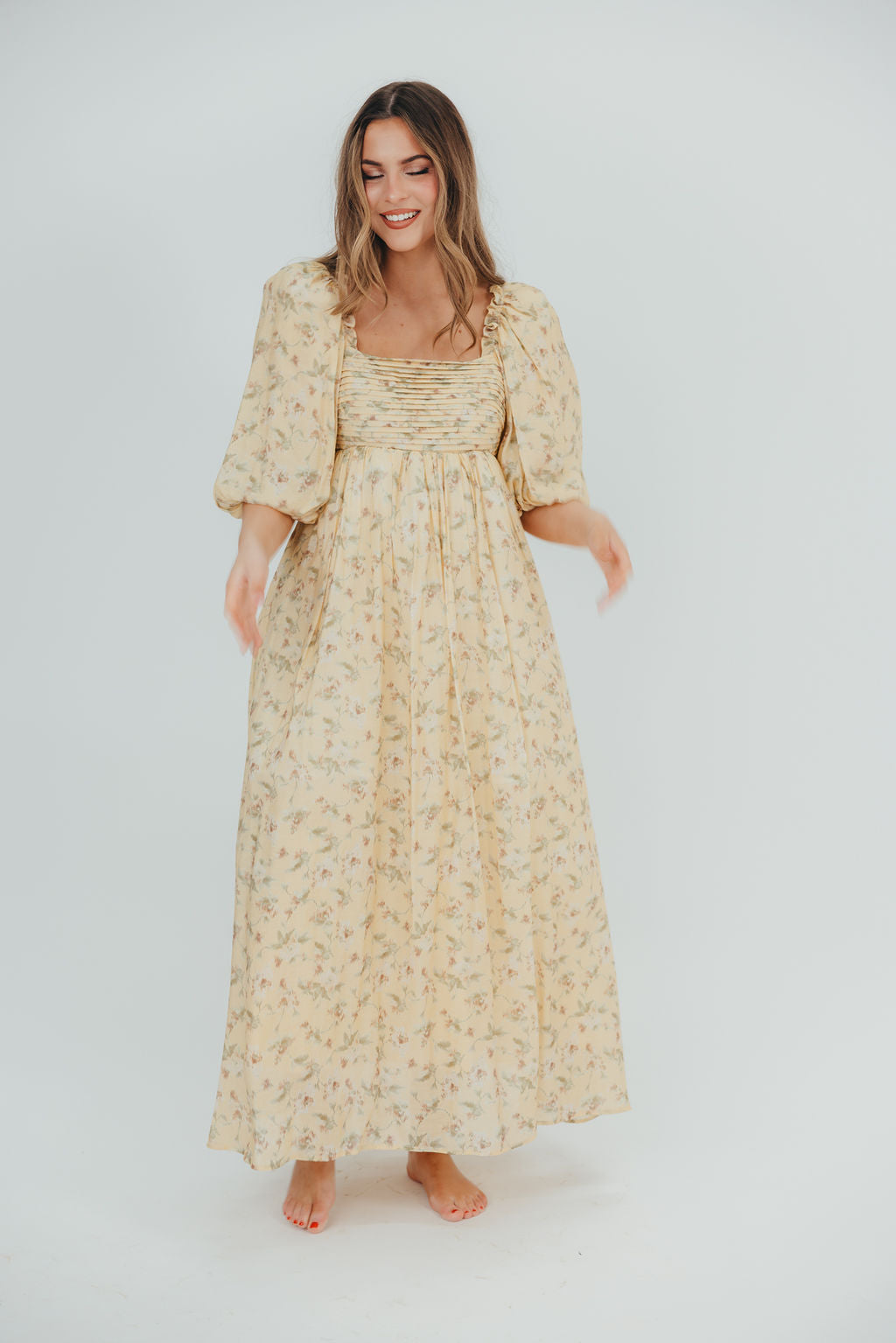 Melody Maxi Dress with Pleats and Bow Detail in Yellow Floral - Bump Friendly & Inclusive Sizing (S-3XL)