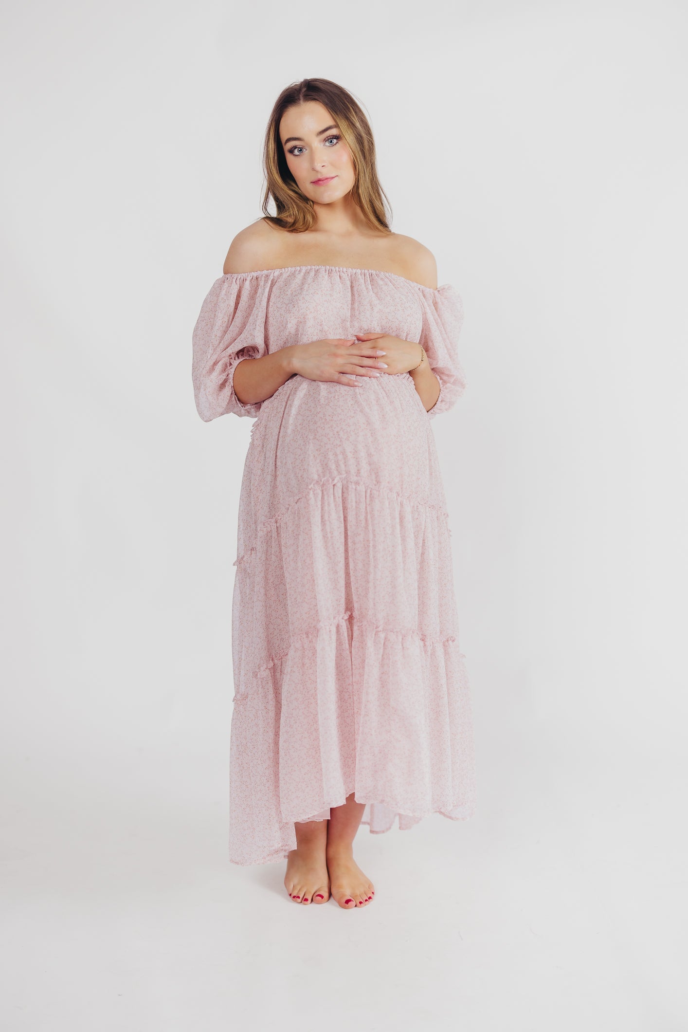 Eva Puffed Sleeve Maxi Dress in Light Pink Multi - Bump Friendly & Inclusive Sizing (S-3XL)