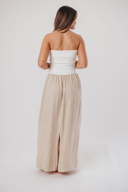 Kaylee Linen and Ribbed Knit Maxi Dress in White/Oatmeal