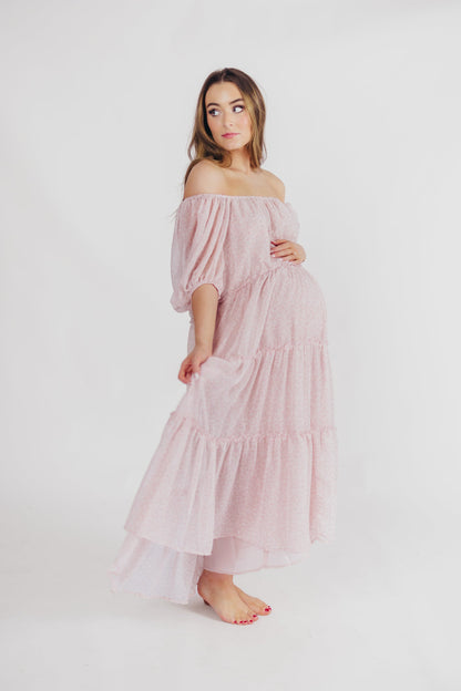 Eva Puffed Sleeve Maxi Dress in Light Pink Multi - Bump Friendly & Inclusive Sizing (S-3XL)