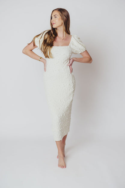 Blakeley Textured Midi Dress in Ivory - Bump Friendly & Inclusive Sizing (S-3XL)