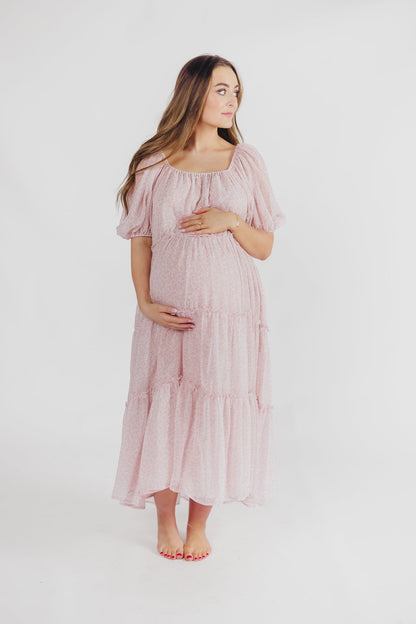 Eva Puffed Sleeve Maxi Dress in Light Pink Multi - Bump Friendly & Inclusive Sizing (S-3XL)