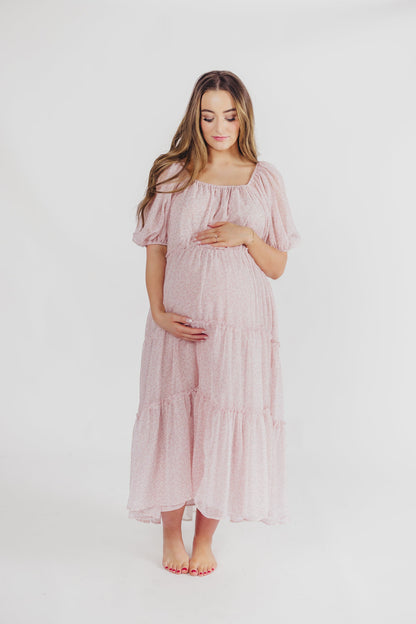 Eva Puffed Sleeve Maxi Dress in Light Pink Multi - Bump Friendly & Inclusive Sizing (S-3XL)