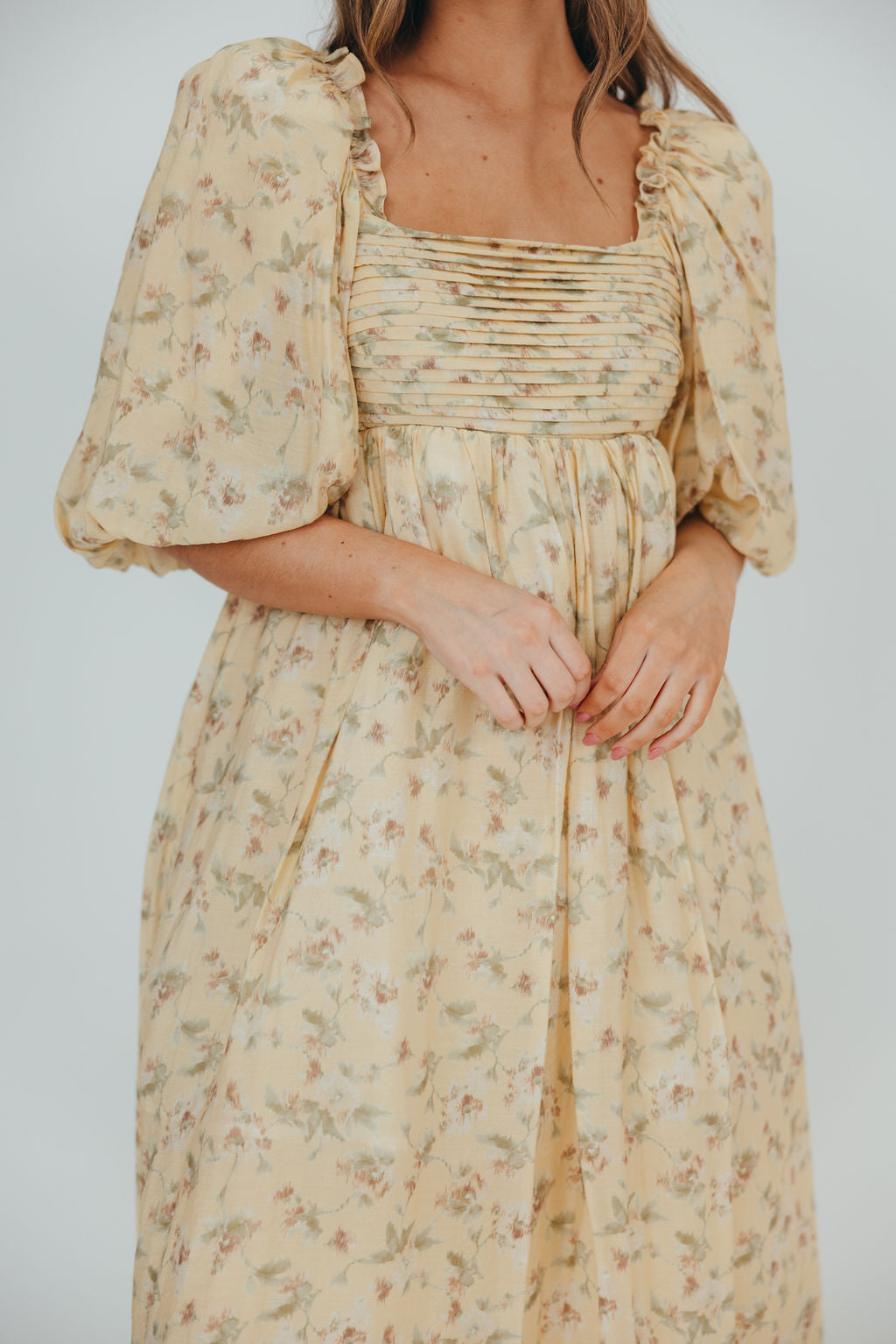 Melody Maxi Dress with Pleats and Bow Detail in Yellow Floral - Bump Friendly & Inclusive Sizing (S-3XL)