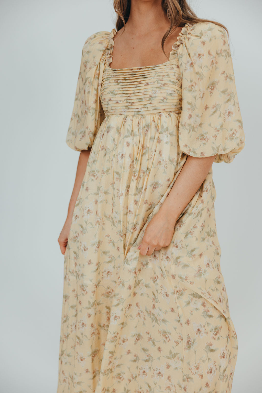 Melody Maxi Dress with Pleats and Bow Detail in Yellow Floral - Bump Friendly & Inclusive Sizing (S-3XL)