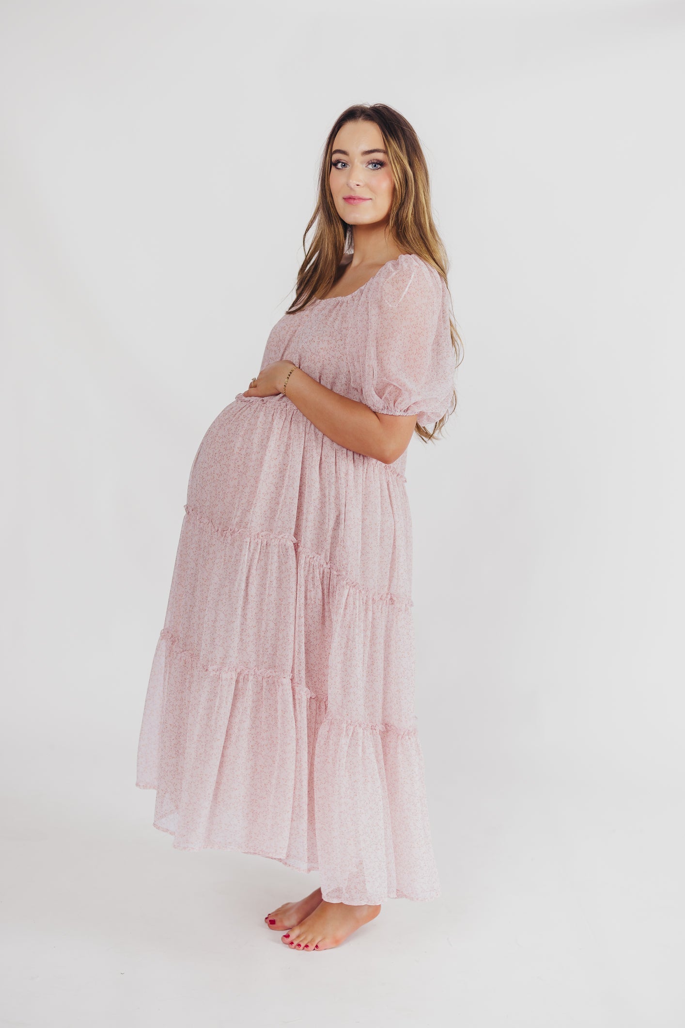 Eva Puffed Sleeve Maxi Dress in Light Pink Multi - Bump Friendly & Inclusive Sizing (S-3XL)