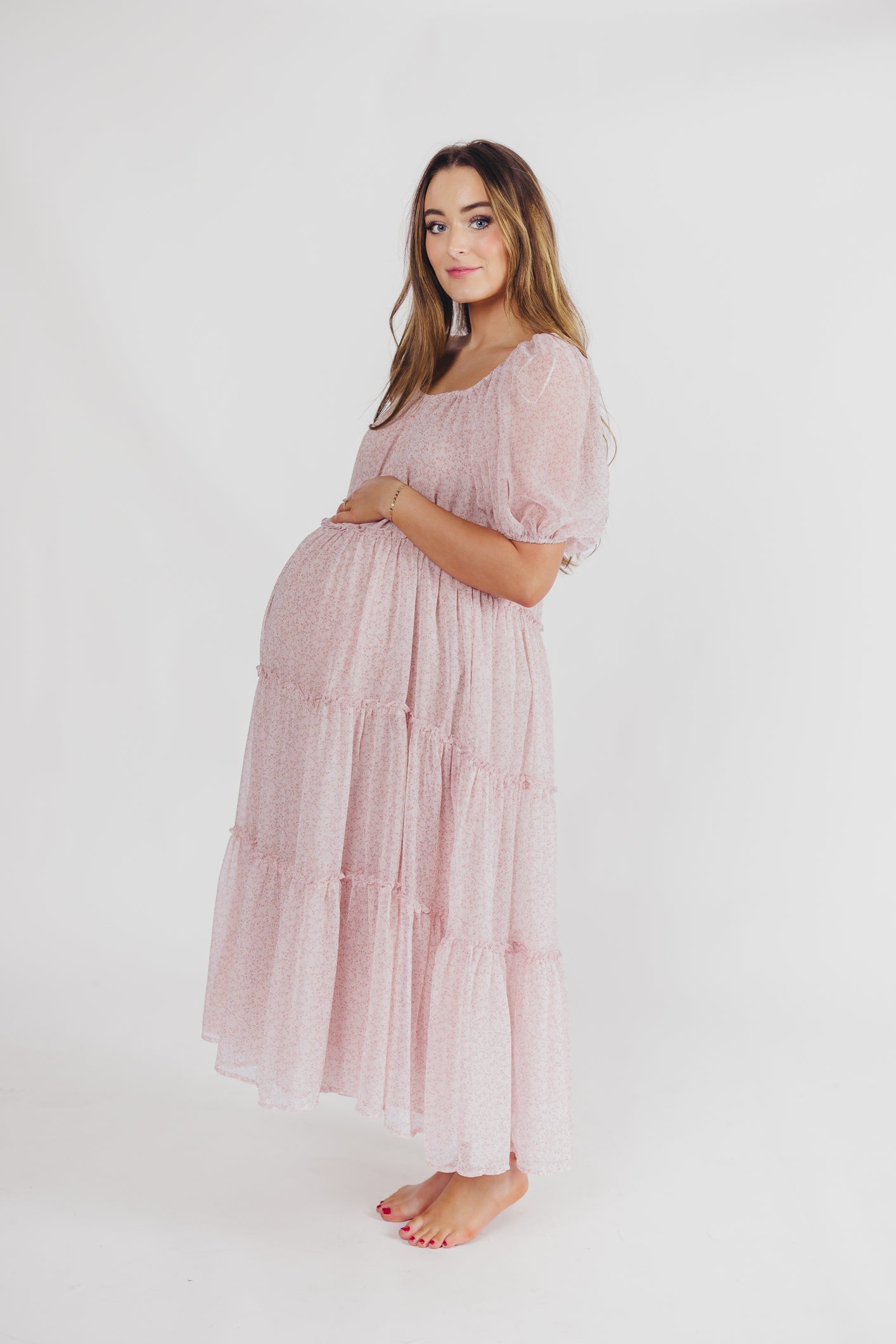 Eva Puffed Sleeve Maxi Dress in Light Pink Multi - Bump Friendly & Inclusive Sizing (S-3XL)