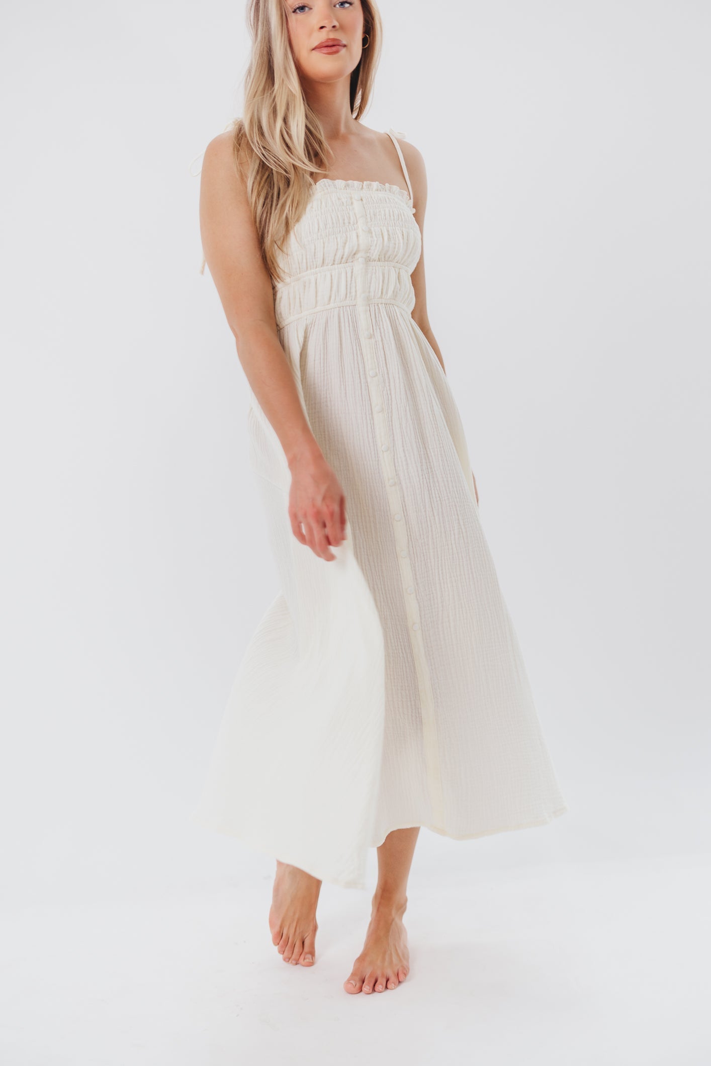 Melanie Button-Down Midi Dress in Cream