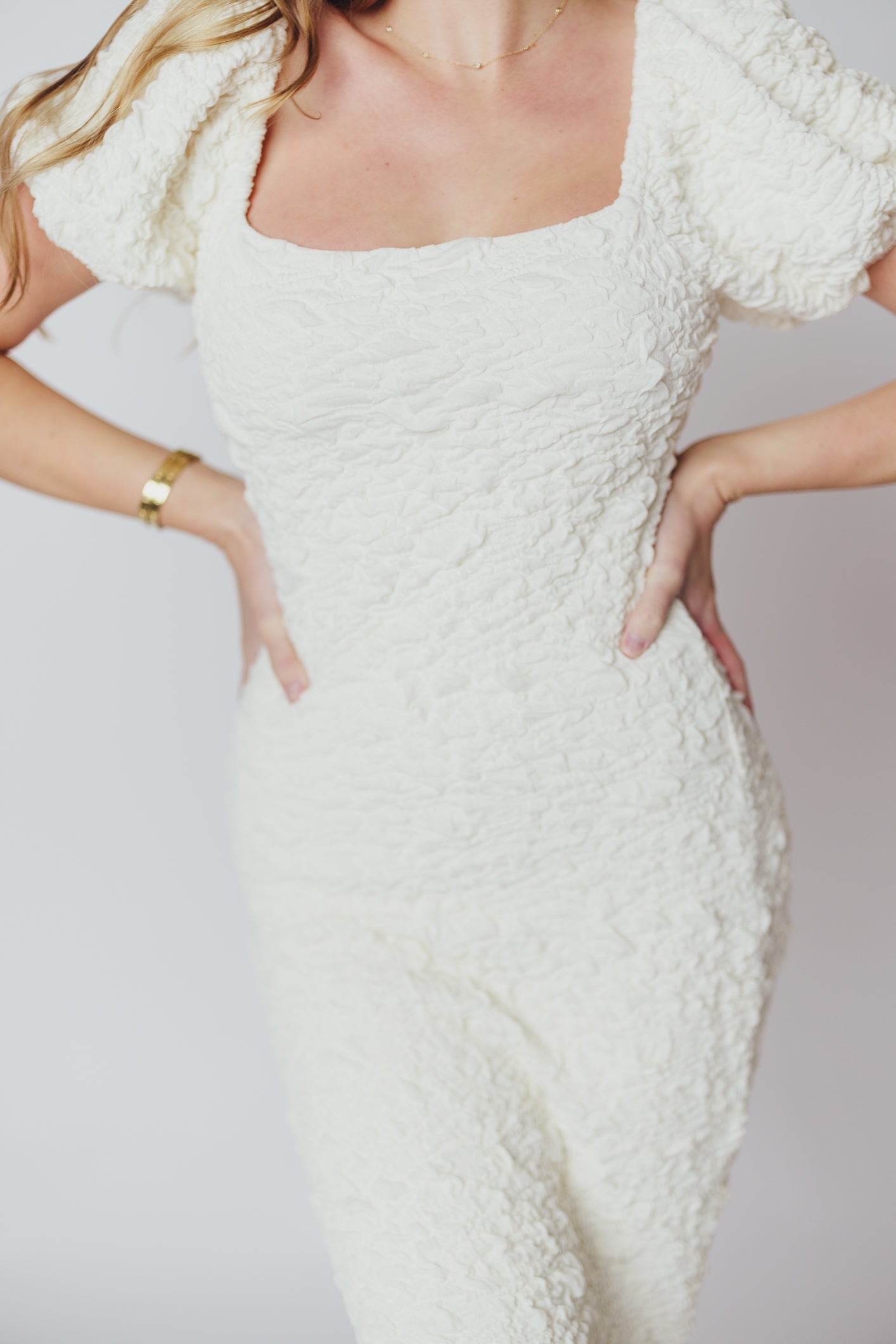 Blakeley Textured Midi Dress in Ivory - Bump Friendly & Inclusive Sizing (S-3XL)