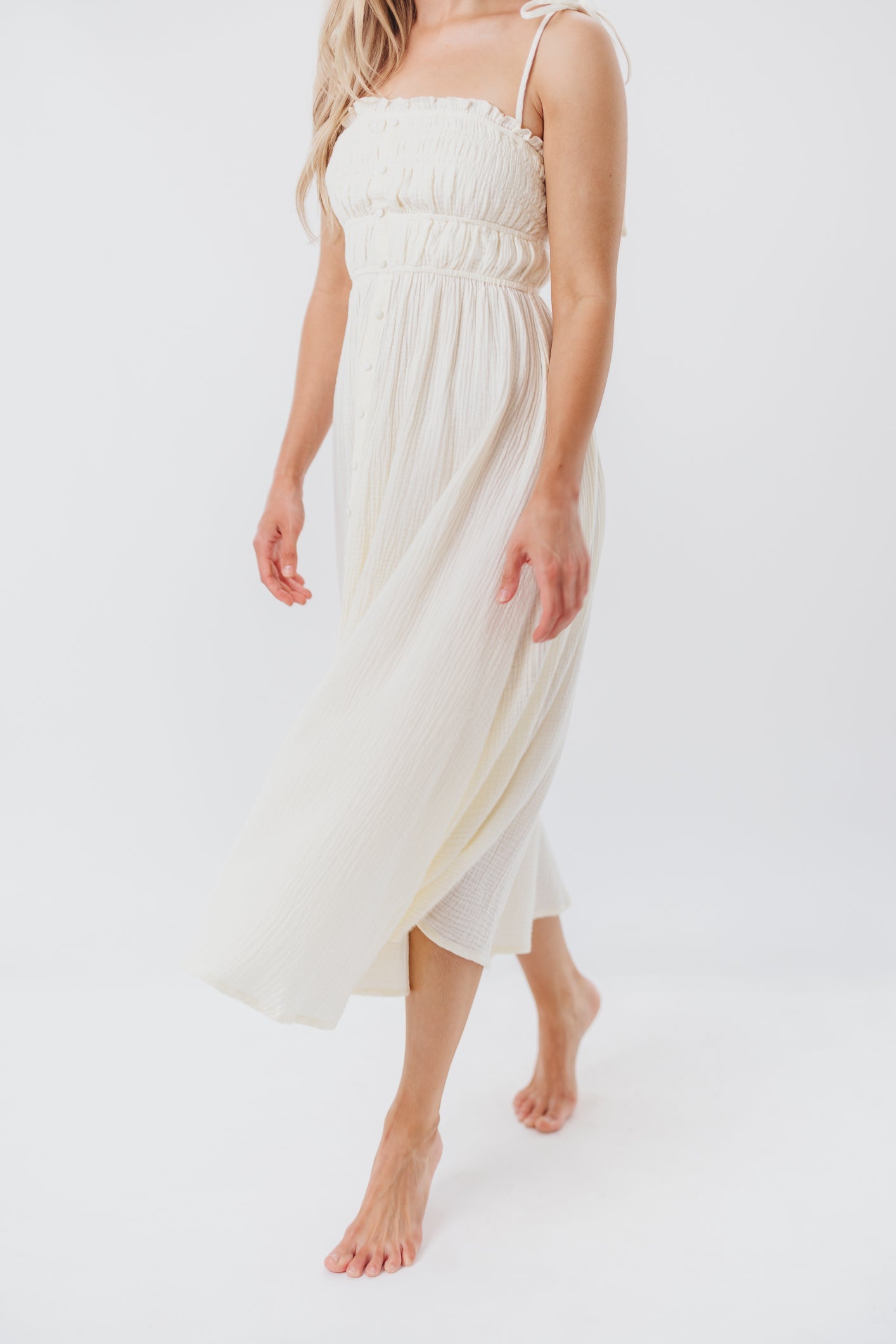 Melanie Button-Down Midi Dress in Cream