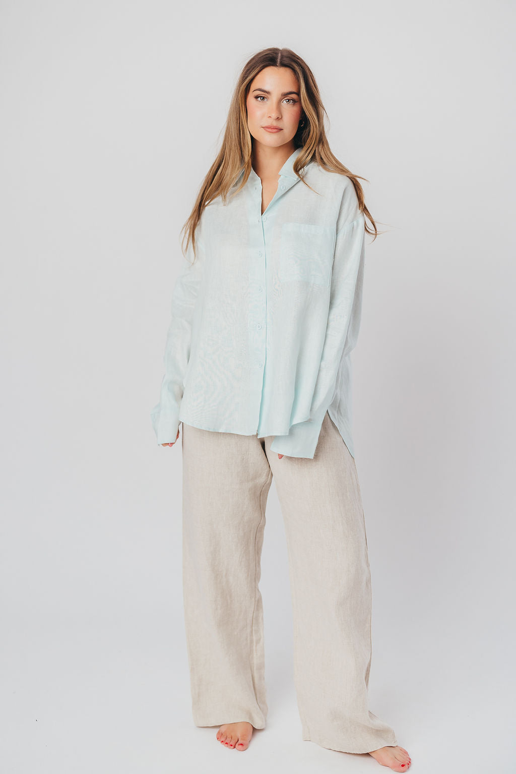 Helen 100% Linen Shirt in Baby Blue - Nursing Friendly