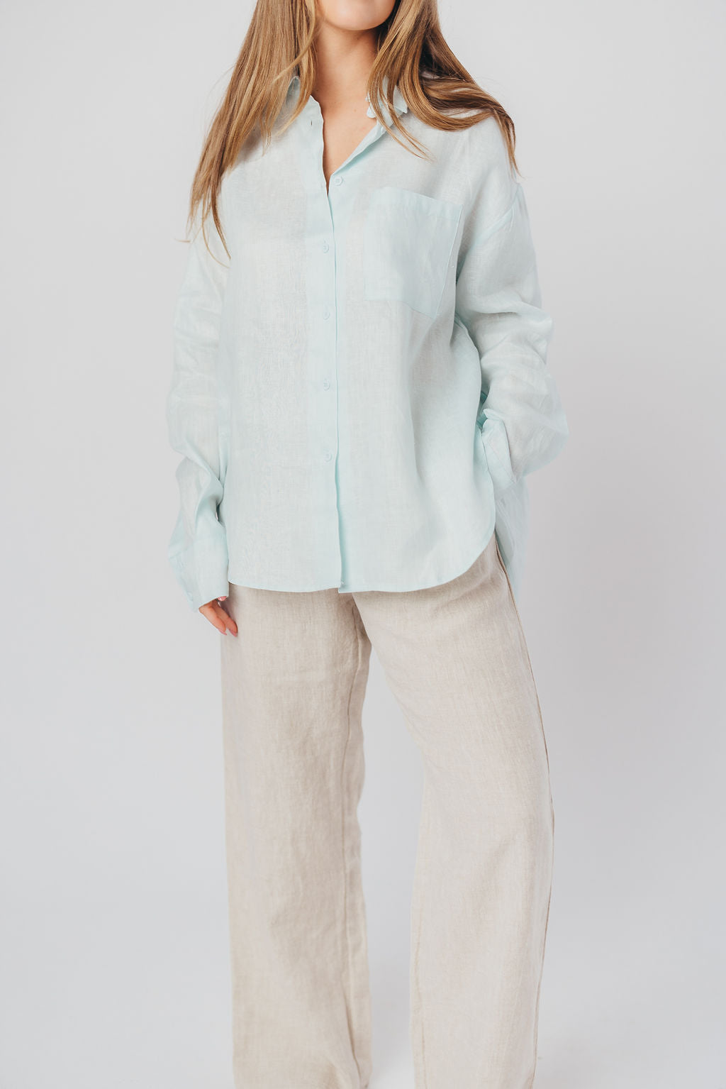 Helen 100% Linen Shirt in Baby Blue - Nursing Friendly