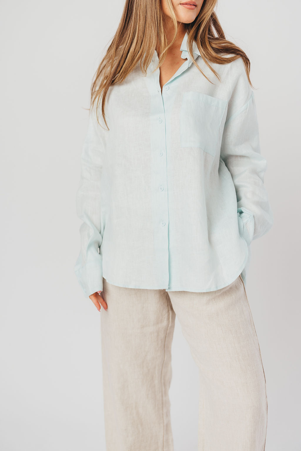 Helen 100% Linen Shirt in Baby Blue - Nursing Friendly