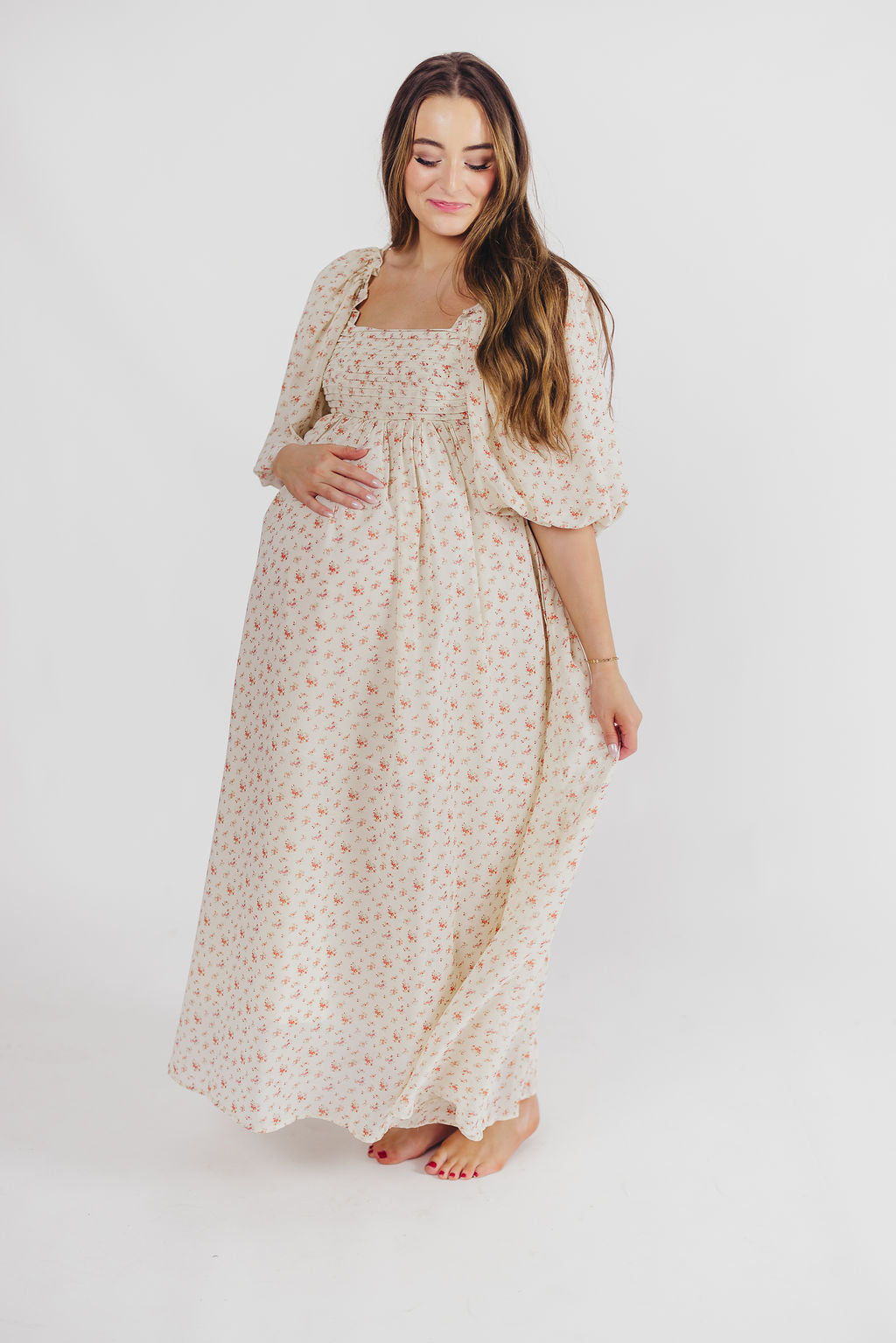 Melody Maxi Dress with Pleats and Bow Detail in Ivory Floral- Bump Friendly & Inclusive Sizing (S-3XL)