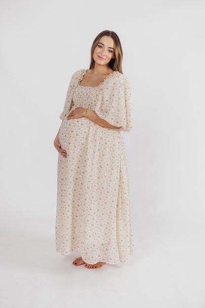 Melody Maxi Dress with Pleats and Bow Detail in Ivory Floral- Bump Friendly & Inclusive Sizing (S-3XL)