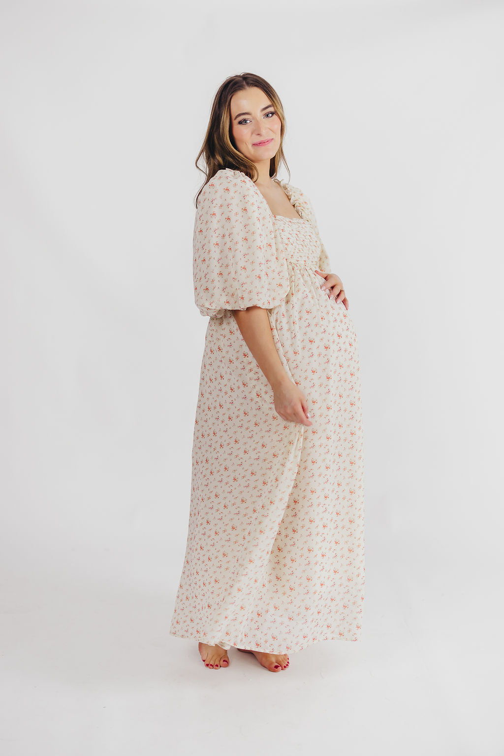 Melody Maxi Dress with Pleats and Bow Detail in Ivory Floral- Bump Friendly & Inclusive Sizing (S-3XL)