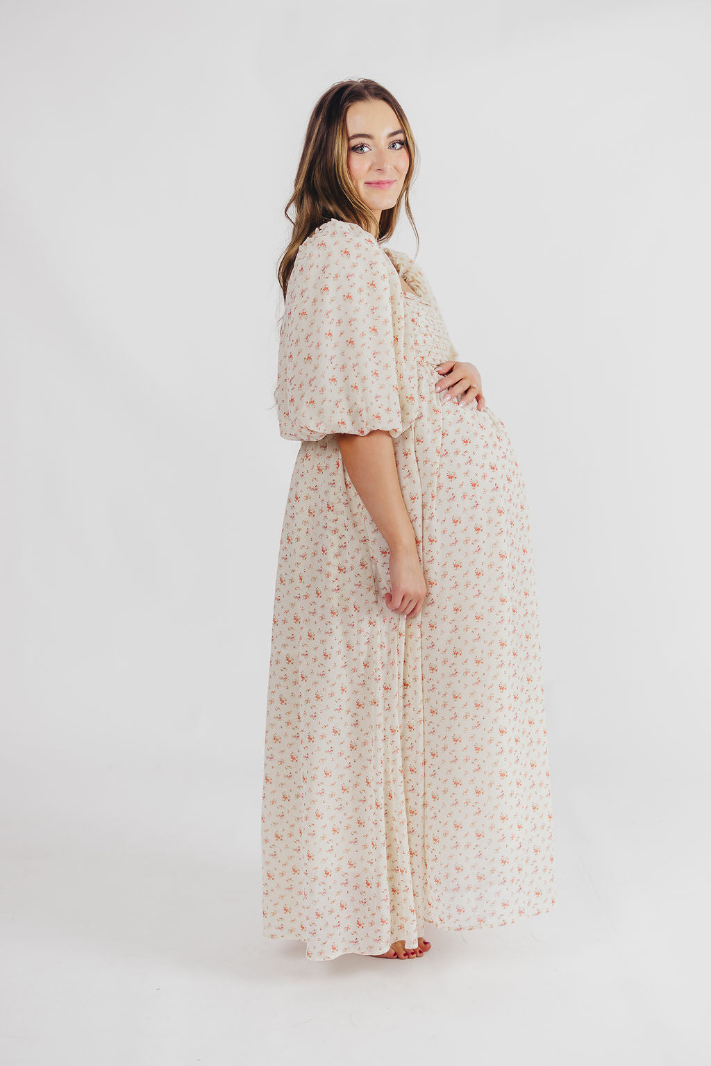 Melody Maxi Dress with Pleats and Bow Detail in Ivory Floral- Bump Friendly & Inclusive Sizing (S-3XL)