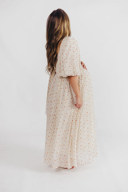 Melody Maxi Dress with Pleats and Bow Detail in Ivory Floral- Bump Friendly & Inclusive Sizing (S-3XL)