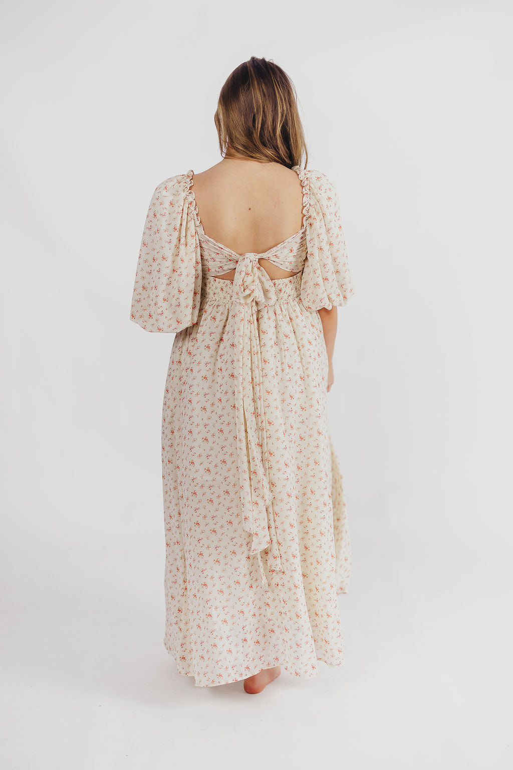 Melody Maxi Dress with Pleats and Bow Detail in Ivory Floral- Bump Friendly & Inclusive Sizing (S-3XL)