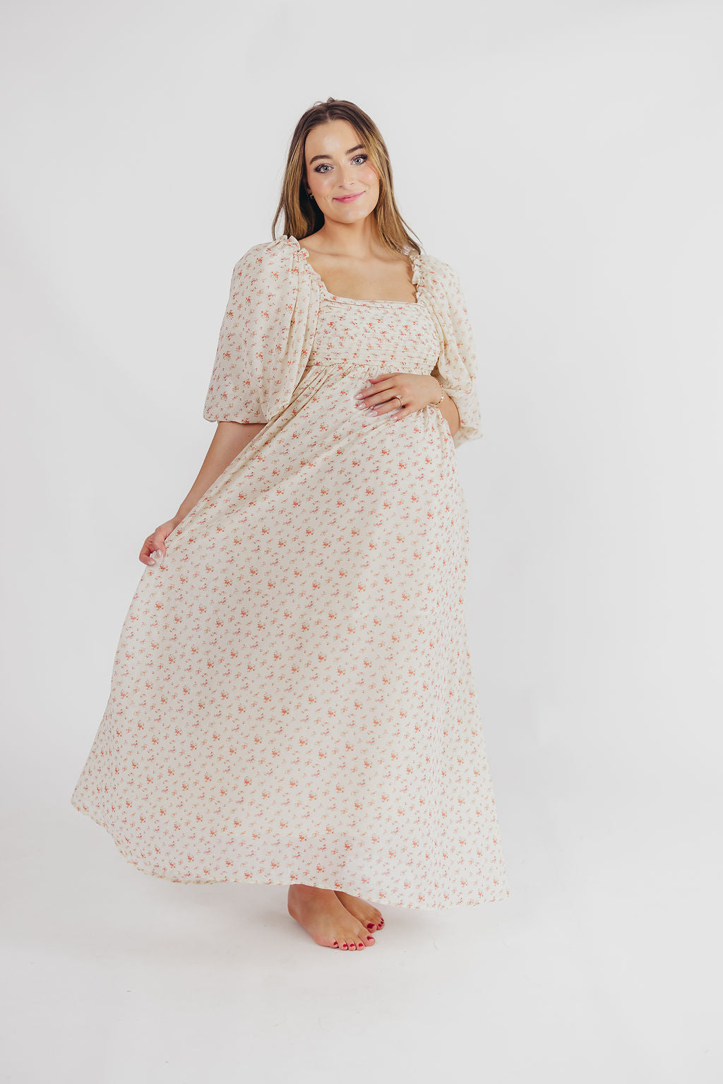 Melody Maxi Dress with Pleats and Bow Detail in Ivory Floral- Bump Friendly & Inclusive Sizing (S-3XL)