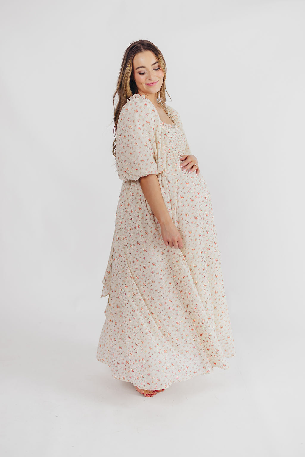 Melody Maxi Dress with Pleats and Bow Detail in Ivory Floral- Bump Friendly & Inclusive Sizing (S-3XL)