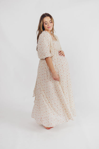 Melody Maxi Dress with Pleats and Bow Detail in Ivory Floral- Bump Friendly & Inclusive Sizing (S-3XL)